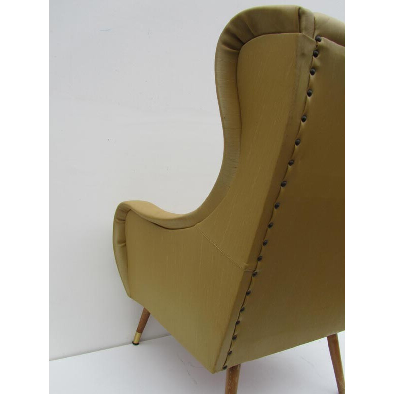 Fauteuil lounge en simili cuir, bois et laiton - 1960
