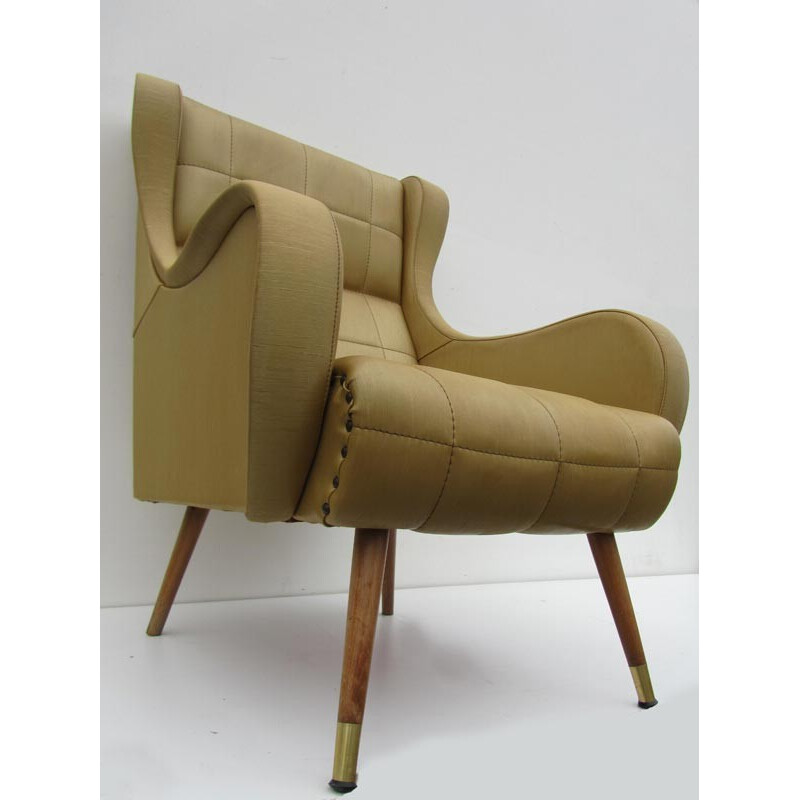 Vintage lounge chair in leatherette, wood and brass - 1960s