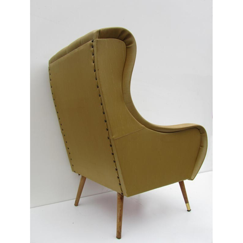 Vintage lounge chair in leatherette, wood and brass - 1960s