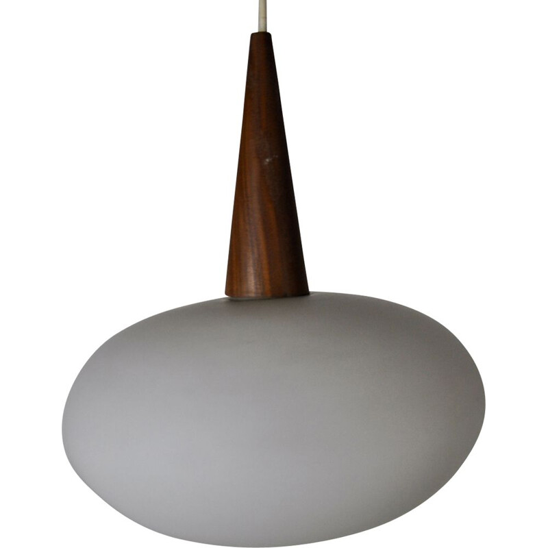 Vintage pendant lamp in opaline glass and teak by Louis Kalff for Philips