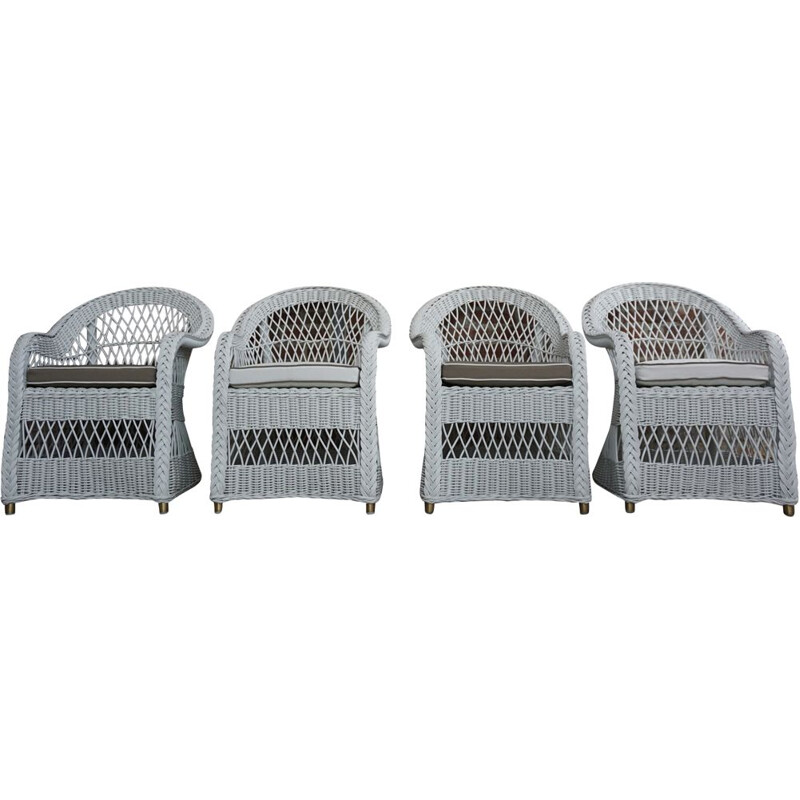 Suite de 4 fauteuils vintage en osier lloyd blanc