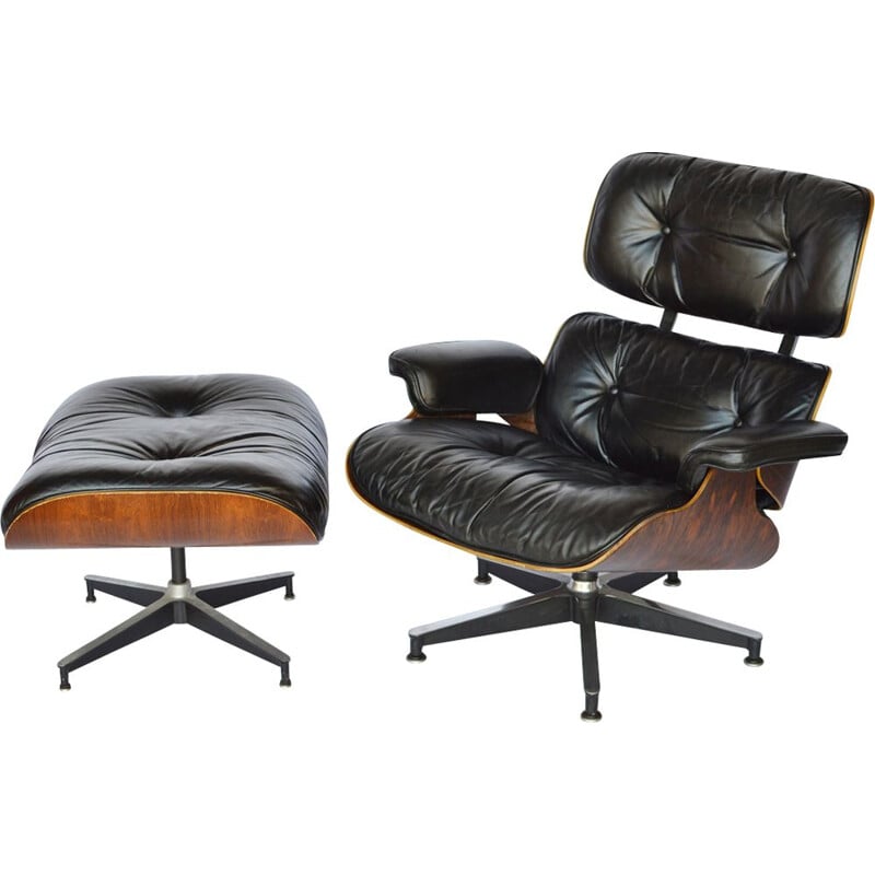 Fauteuil lounge et ottoman noir en palissandre, Eames pour Herman Miller 1979