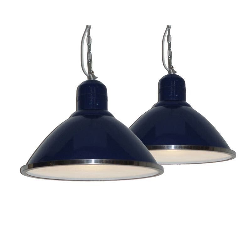 Vintage set of 2 big blue factory pendant lamps in metal