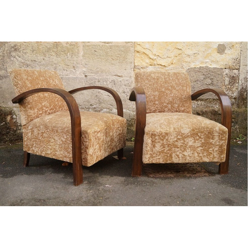Set of 2 armchairs in velvet and mahogany