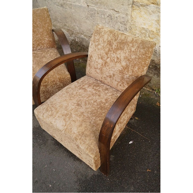 Set of 2 armchairs in velvet and mahogany