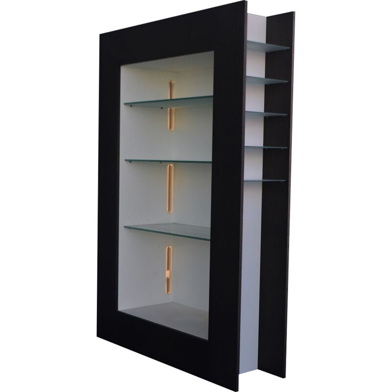 Vintage electrified display case in black lacquered wood for Acerbis