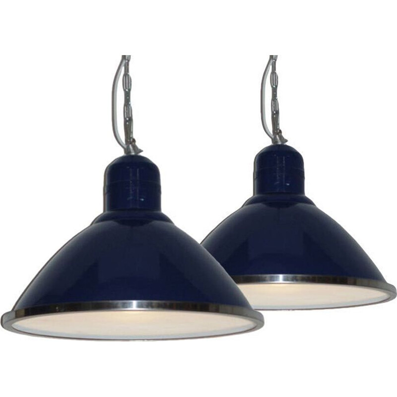 Vintage set of 2 big blue factory pendant lamps in metal