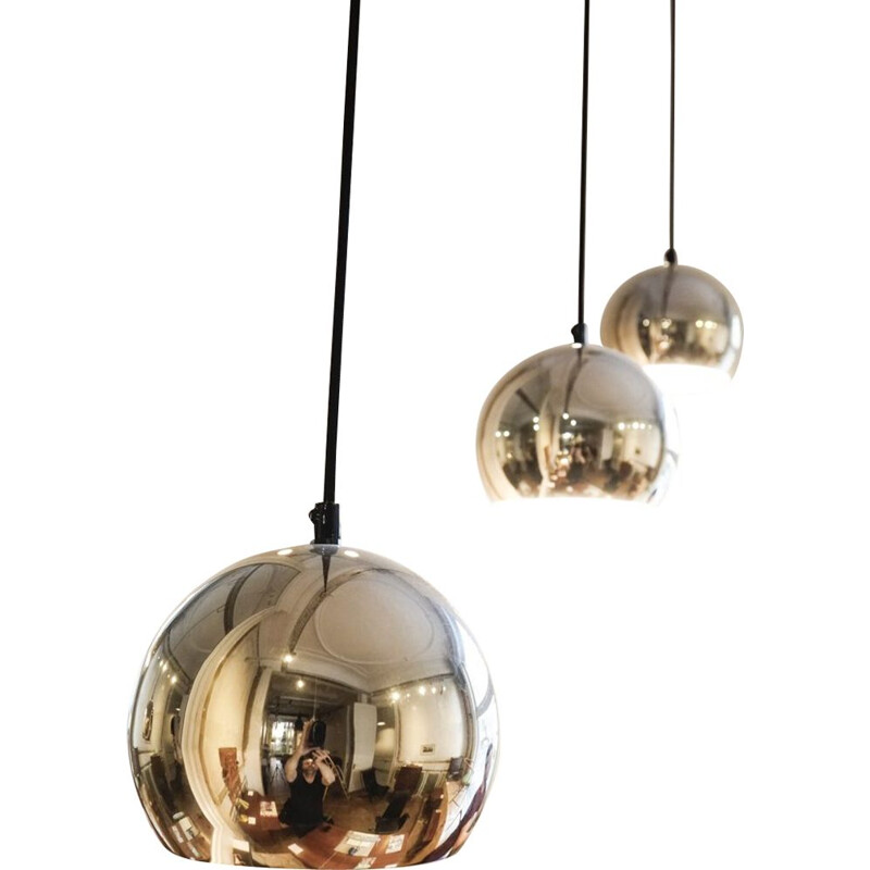 Set of 3 vintage pendant lamps in golden chrome finish