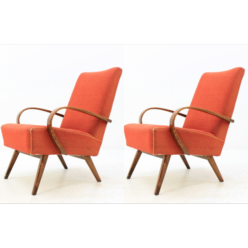 Set of 2 vintage orange armchairs by Jindrich Halabala