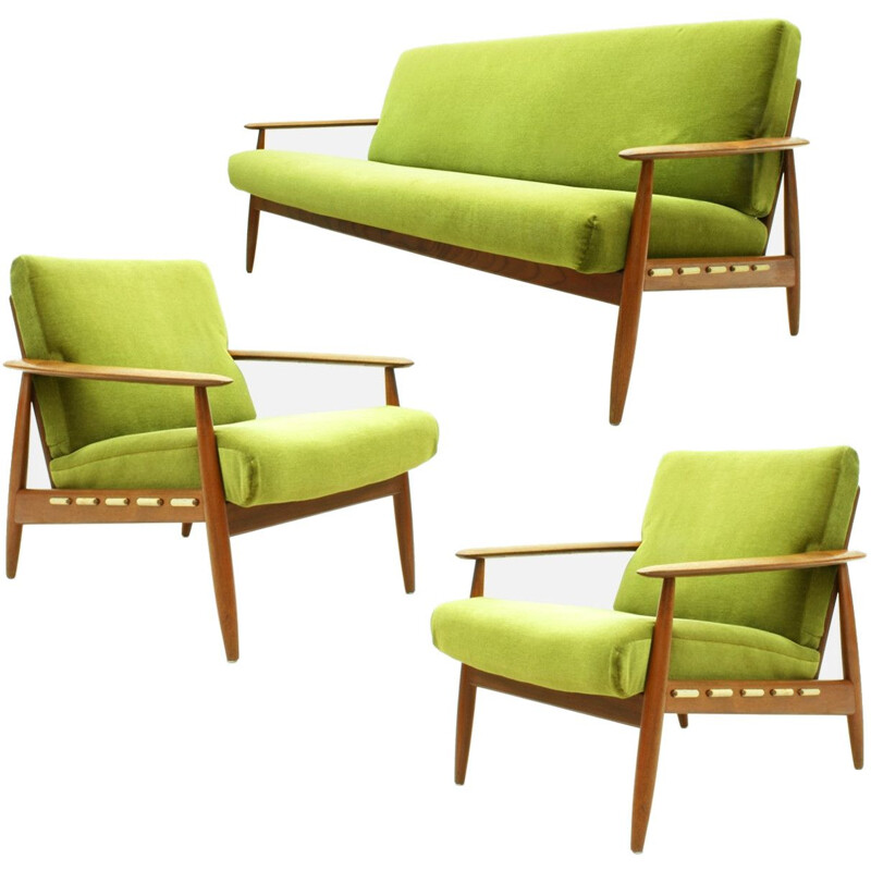 Danish Teak & Velvet Fabric Seating Group - 1960s