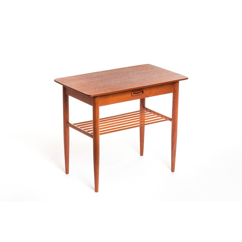Vintage Danish side table in teak with magazine shelf and drawer