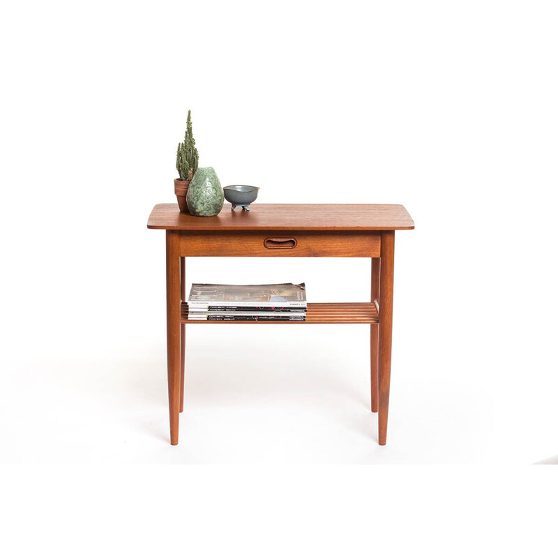 Vintage Danish side table in teak with magazine shelf and drawer