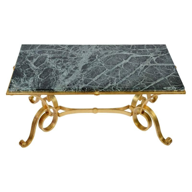 Table basse vintage en fer forgé doré et marbre