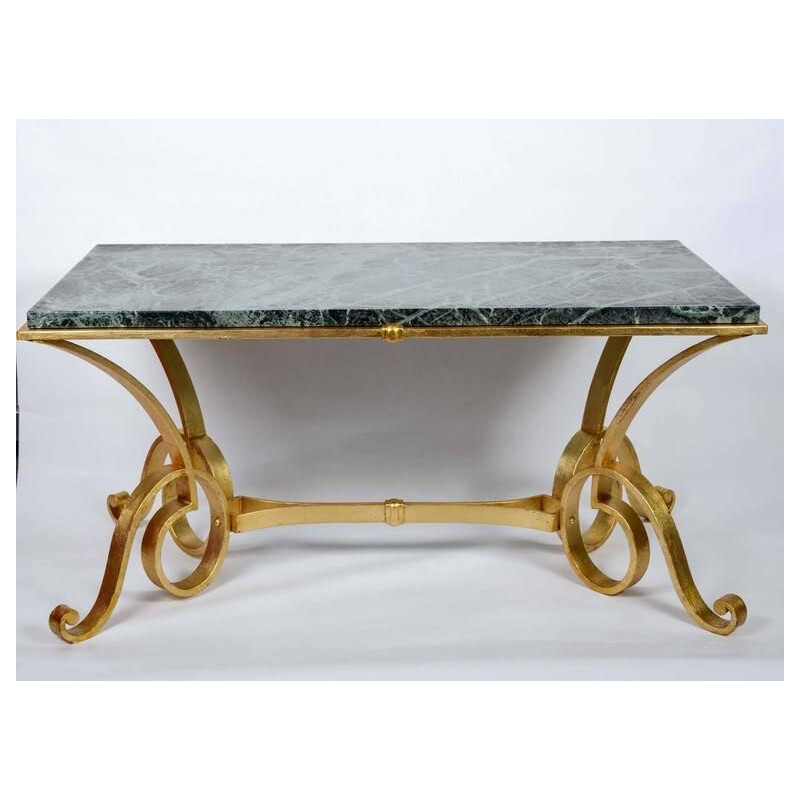 Table basse vintage en fer forgé doré et marbre