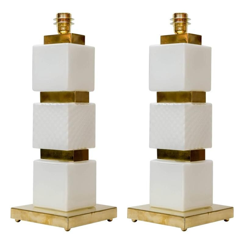 Vintage set of 2 lamps in Murano glass and brass 
