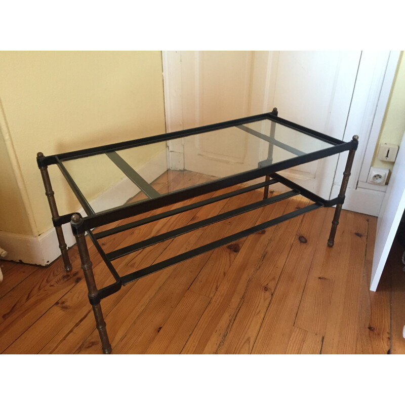 Coffee table in saddle-stitched black leather, bronze and glass, Jacques ADNET - 1950s