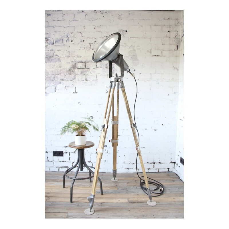 Vintage wood and aluminum tripod floor lamp, 1950