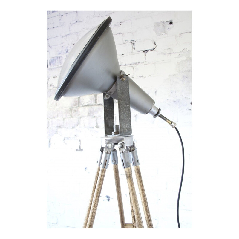 Vintage wood and aluminum tripod floor lamp, 1950