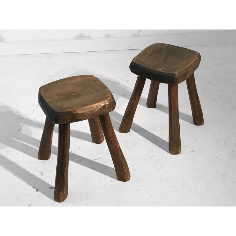 Set of 2 vintage stools in solid wood