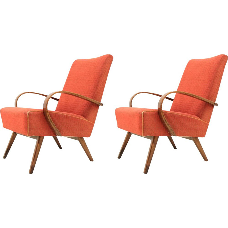 Suite de 2 fauteuils vintage orange par Jindrich Halabala