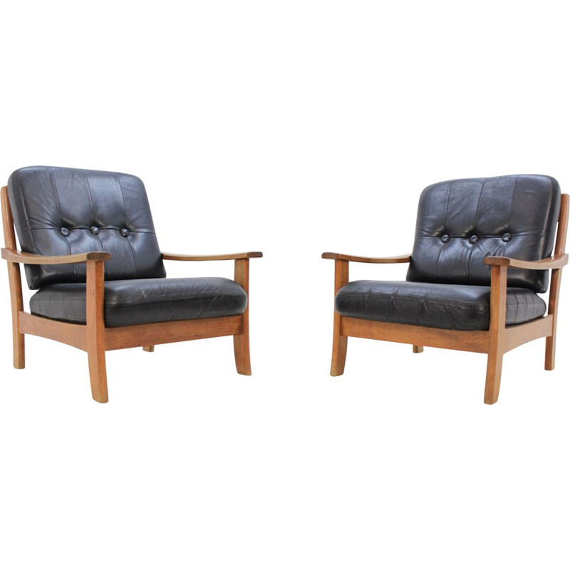 Suite de 2 fauteuils vintage scandinaves en cuir noir