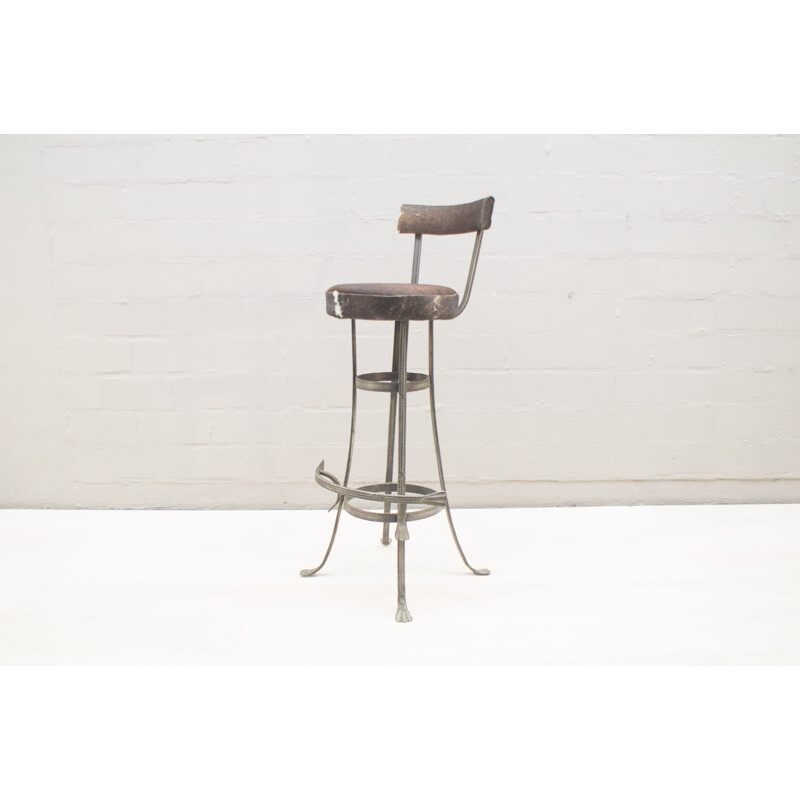 Pair of vintage iron and cowhide bar stools, 1960