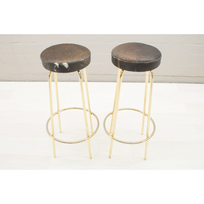 Set of 2 vintage Hollywood Regency golden and Cowhide Bar Stools