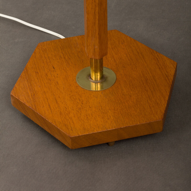 Hexagonal floor lamp in Teak and brass