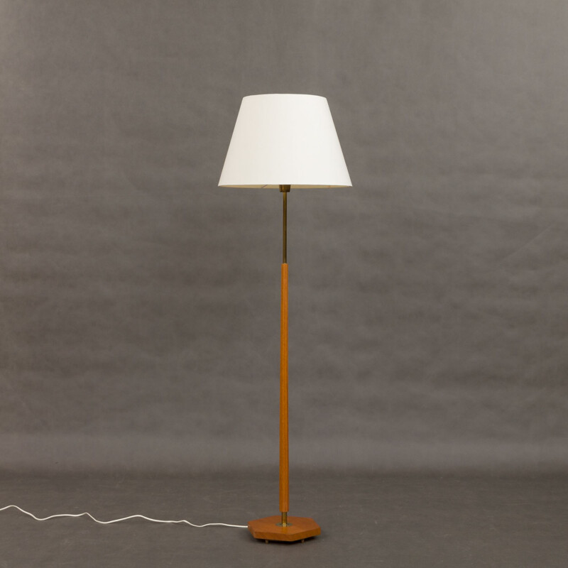 Hexagonal floor lamp in Teak and brass