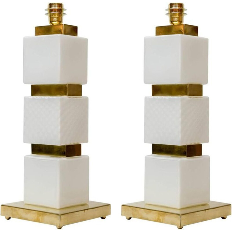 Vintage set of 2 lamps in Murano glass and brass 