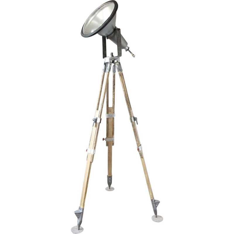 Vintage wood and aluminum tripod floor lamp, 1950