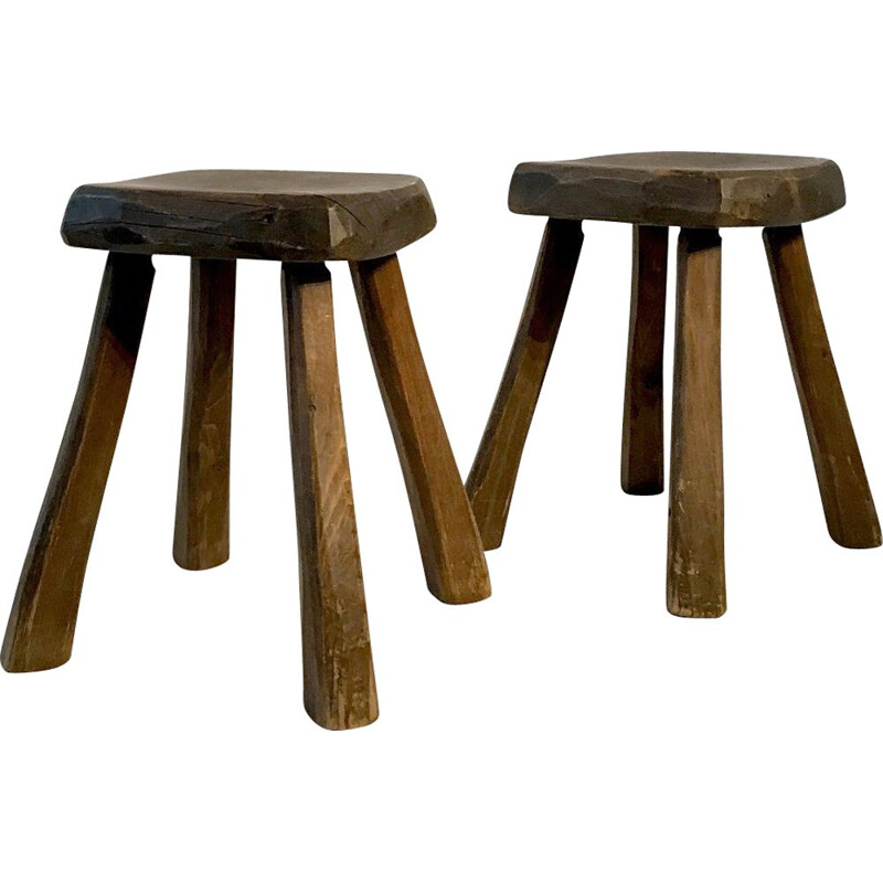 Set of 2 vintage stools in solid wood