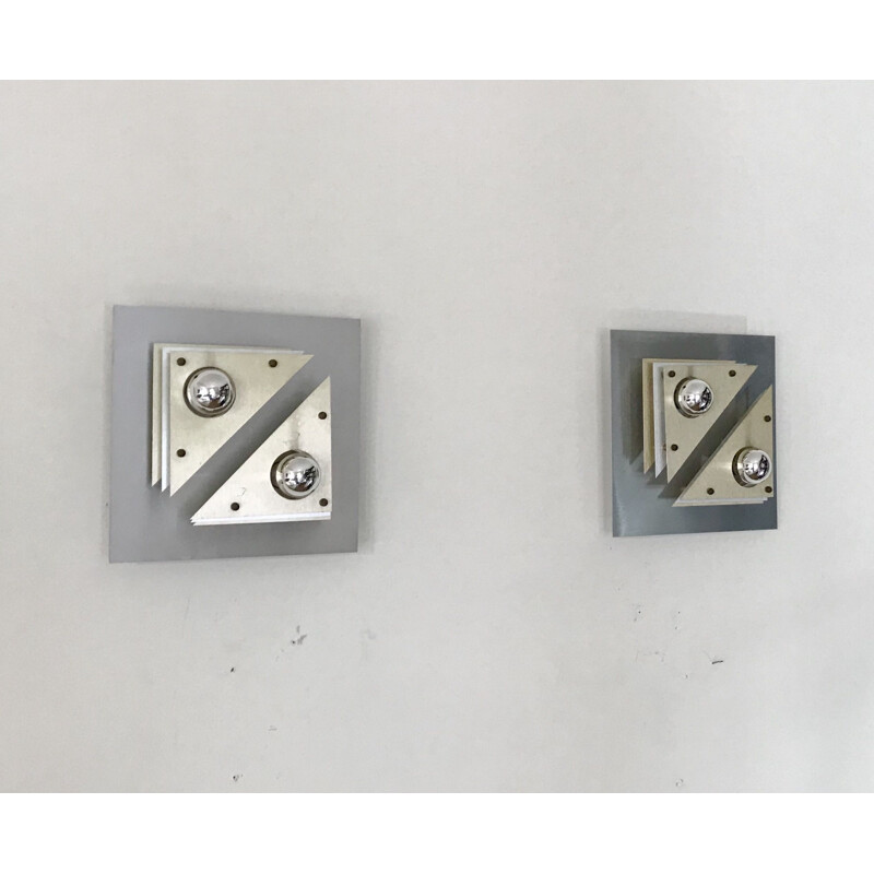 Pair of vintage kinetic sconces in aluminum and brass, 1970