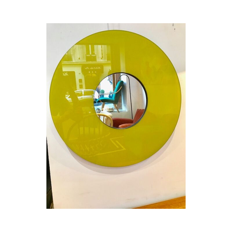 Vintage circular mirror in pop yellow