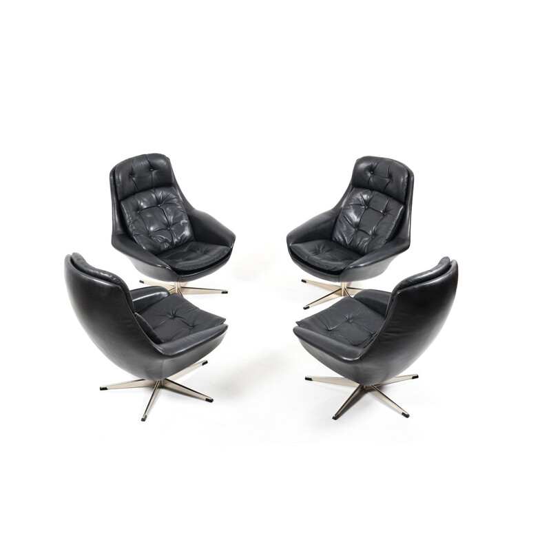 Set of 4 vintage black leather swivel lounge chair by H. W. Klein