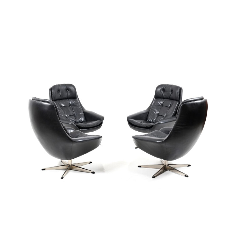 Set of 4 vintage black leather swivel lounge chair by H. W. Klein