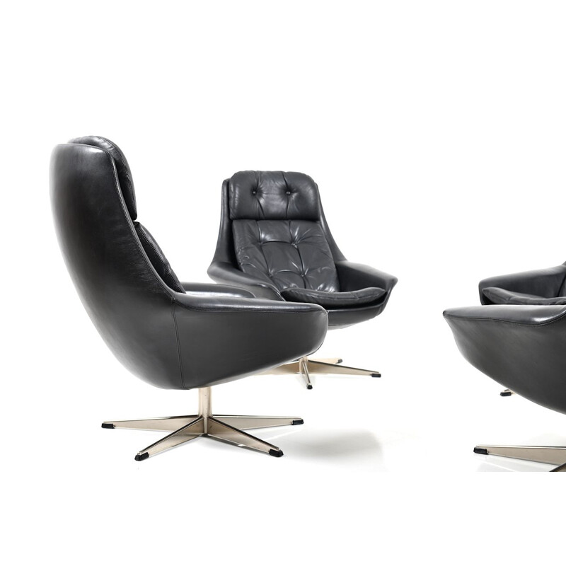 Suite de 4 fauteuils vintage pivotants en cuir noir par H. W. Klein