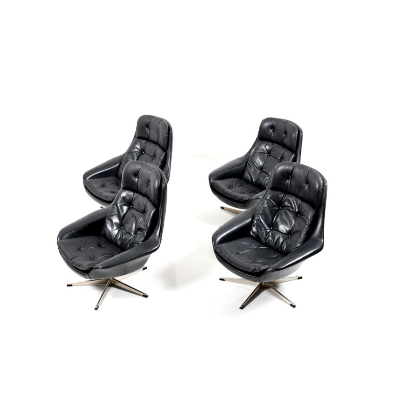 Suite de 4 fauteuils vintage pivotants en cuir noir par H. W. Klein