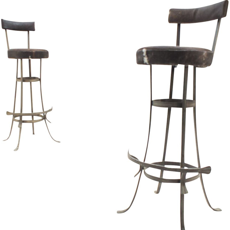 Pair of vintage iron and cowhide bar stools, 1960