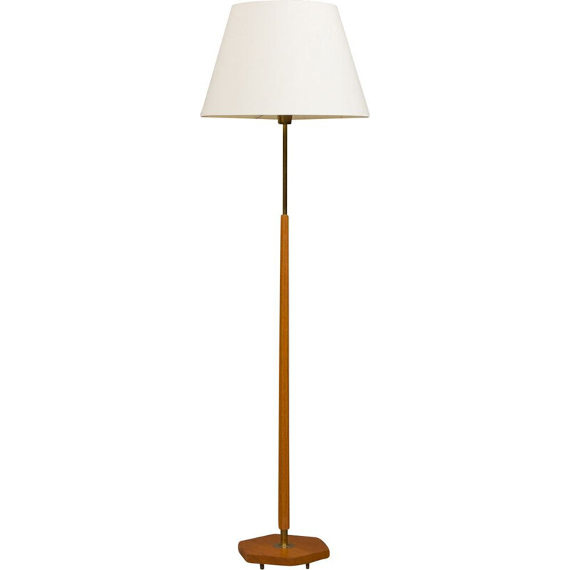 Hexagonal floor lamp in Teak and brass