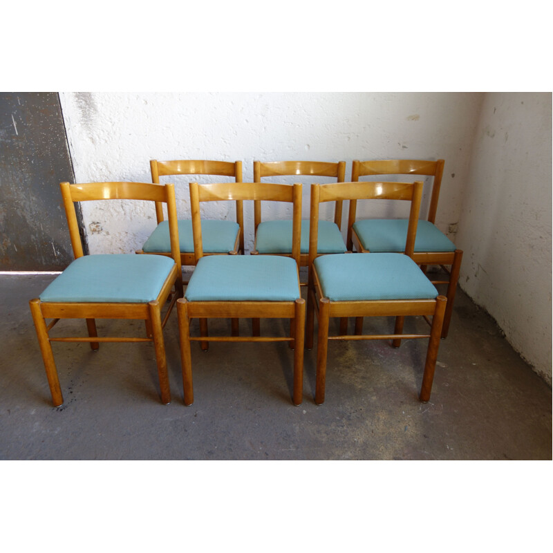 Set of 6 vintage wooden and fabric chairs Roche Bobois 1970