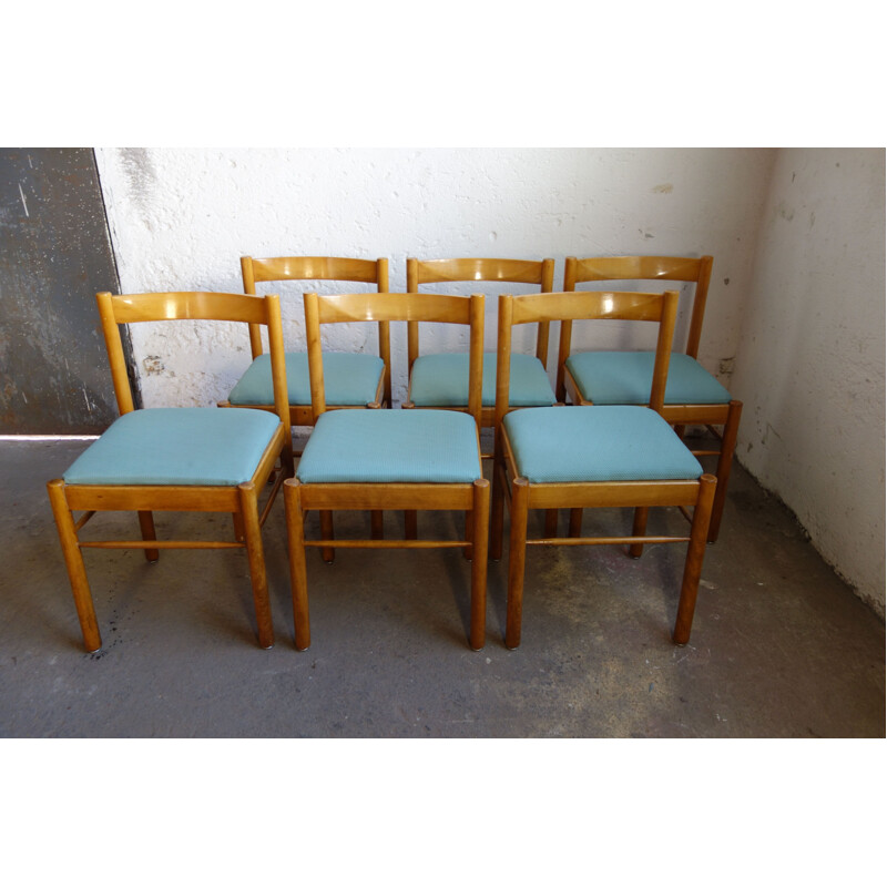 Suite de 6 chaises vintage en bois et tissu Roche Bobois 1970