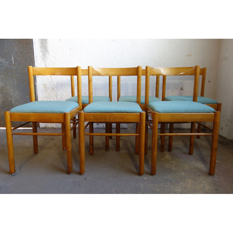 Set of 6 vintage wooden and fabric chairs Roche Bobois 1970