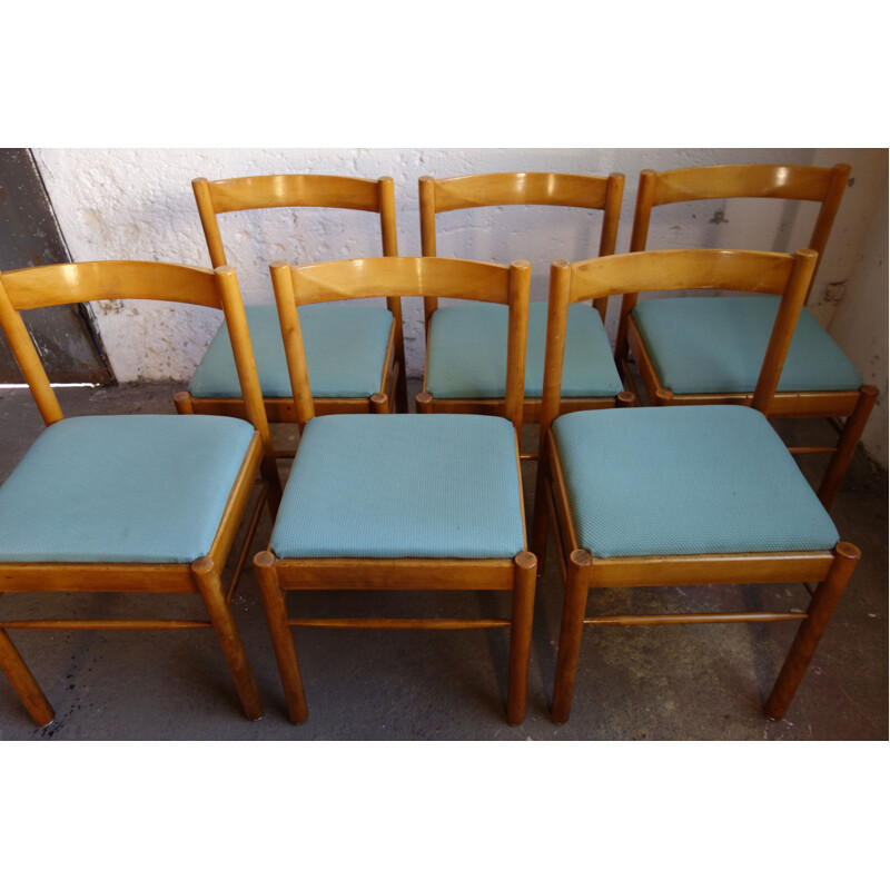 Suite de 6 chaises vintage en bois et tissu Roche Bobois 1970