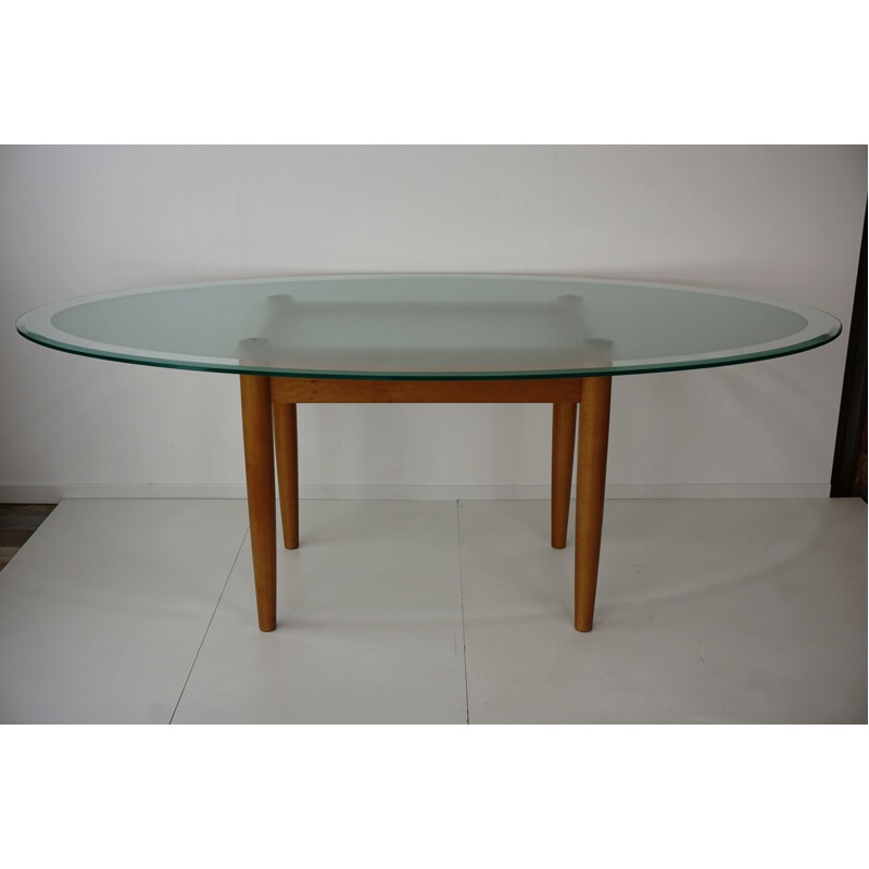 Vintage belgian table in beech and securit glass 1980