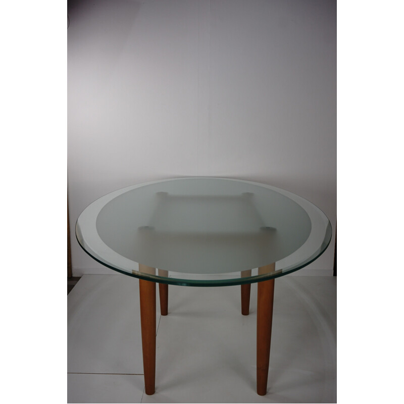 Vintage belgian table in beech and securit glass 1980