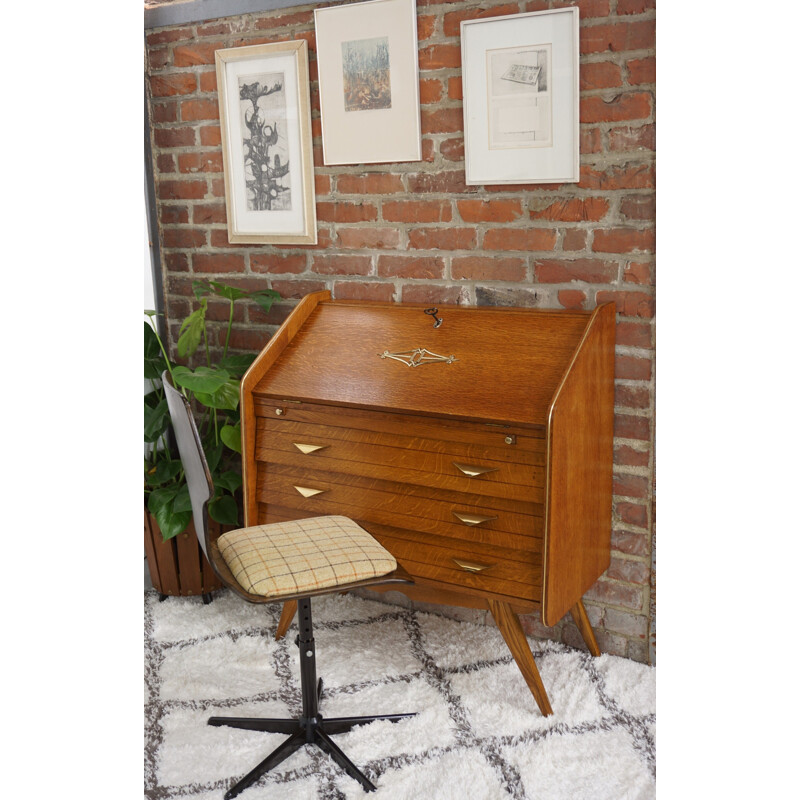 Vintage wood, tweed and metal office chair 1960