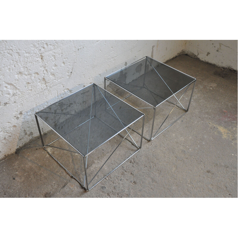 Vintage set of 2 coffe tables in steel and glass by Max Sauze