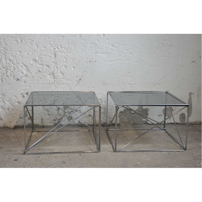 Vintage set of 2 coffe tables in steel and glass by Max Sauze