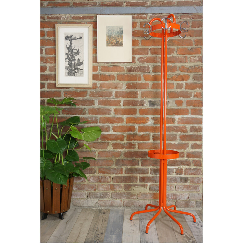 Vintage lacquered orange metal coat rack